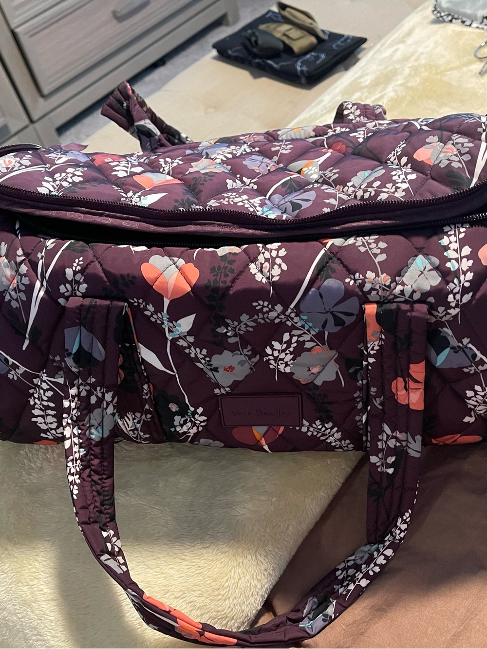 Vera Bradley Plum Quilted Floral Travel Tote with Multicolor Blossoms